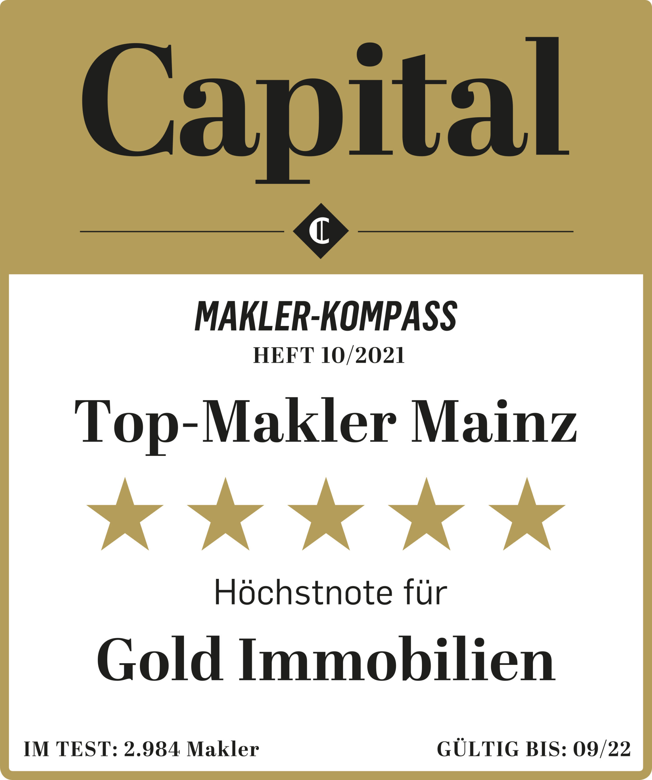Capital Makler-Kompass: Top-Makler Mainz, Höchstnote fünf Sterne für GOLD IMMOBILIEN