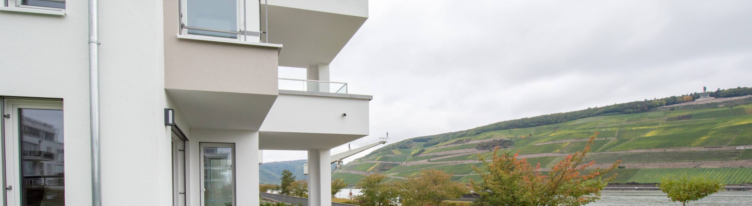 Wohnanlage am Rhein mit Blick auf die Weinberge bei Ingelheim